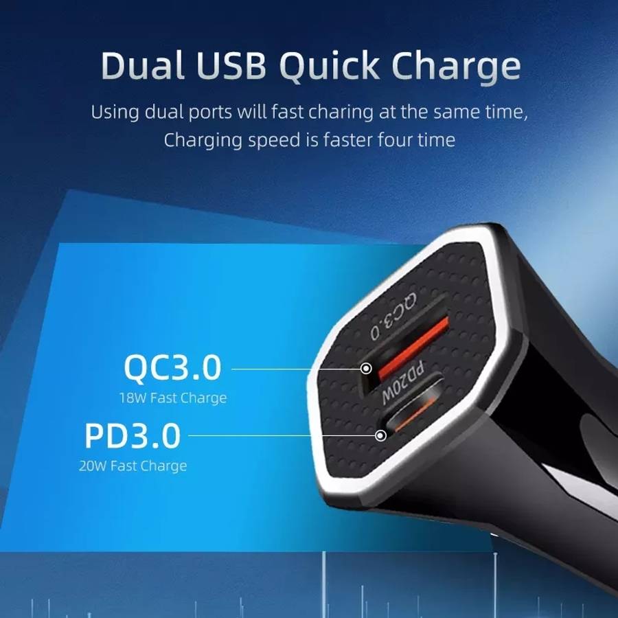 PD + QC3.0 Car 2 in 1 Square Fast Charger Car Cigarette Lighter (White)