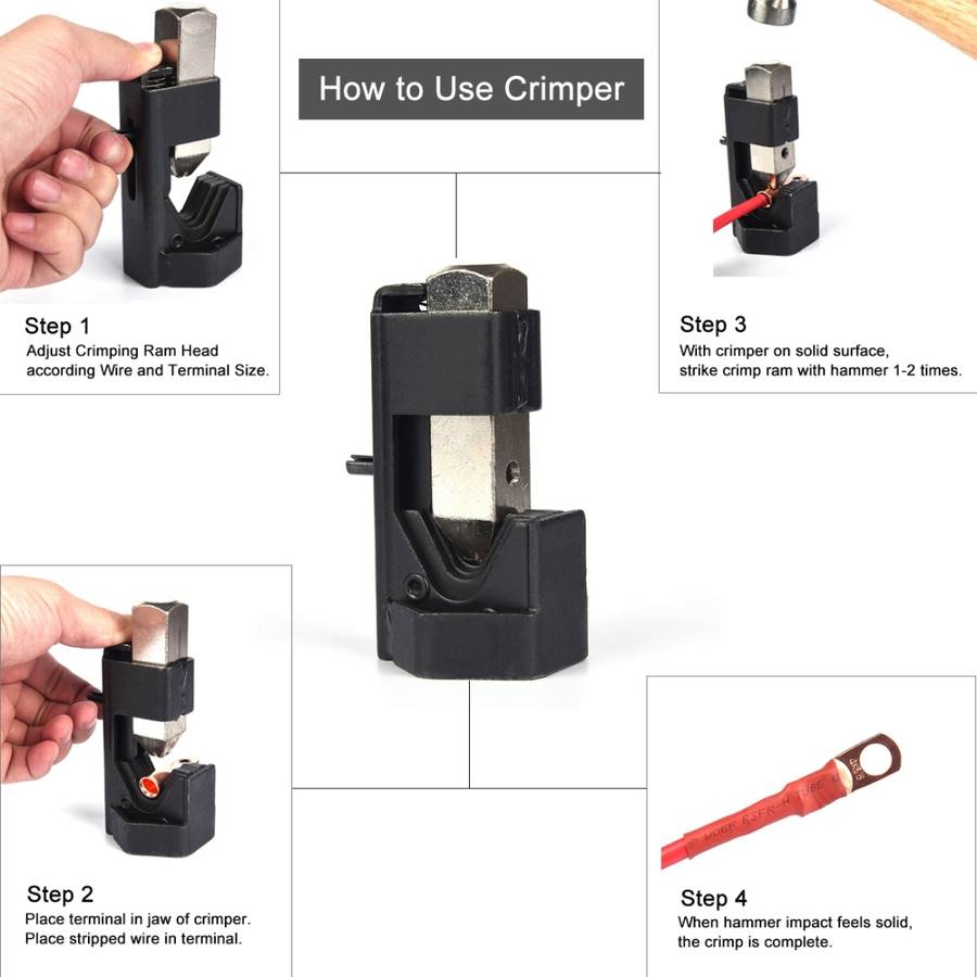 Car Battery Cable Hammer Crimper Hammer Lug Crimper Tool Pliers with T2 Copper 2 x 3/8 Heavy-duty Co