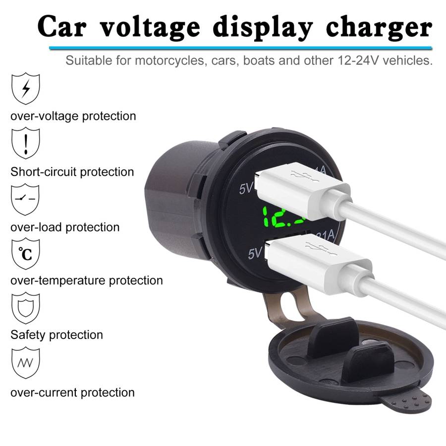 Universal Car Dual Port USB Charger Power Outlet Adapter 4.2A 5V IP66 with LED Digital Voltmeter + 6