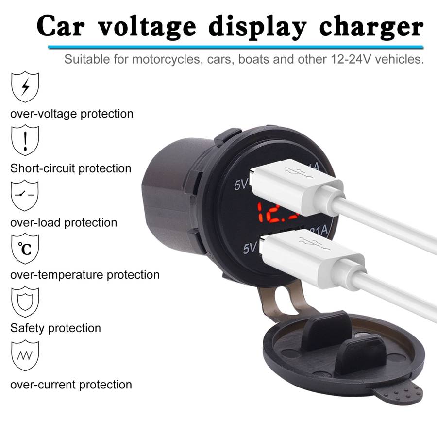 Universal Car Dual Port USB Charger Power Outlet Adapter 4.2A 5V IP66 with LED Digital Voltmeter + 6
