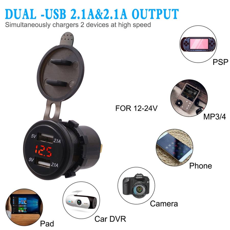 Universal Car Dual Port USB Charger Power Outlet Adapter 4.2A 5V IP66 with LED Digital Voltmeter + 6