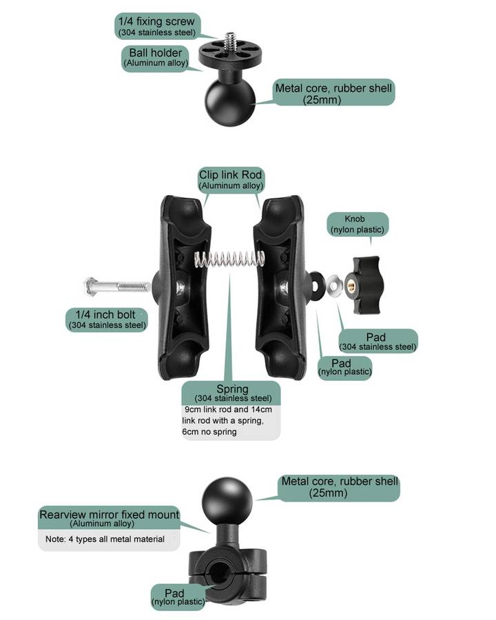 14cm Connecting Rod Fixed Motorcycle Mount Holder for GoPro, Insta360, DJI and Other A ... (Black)