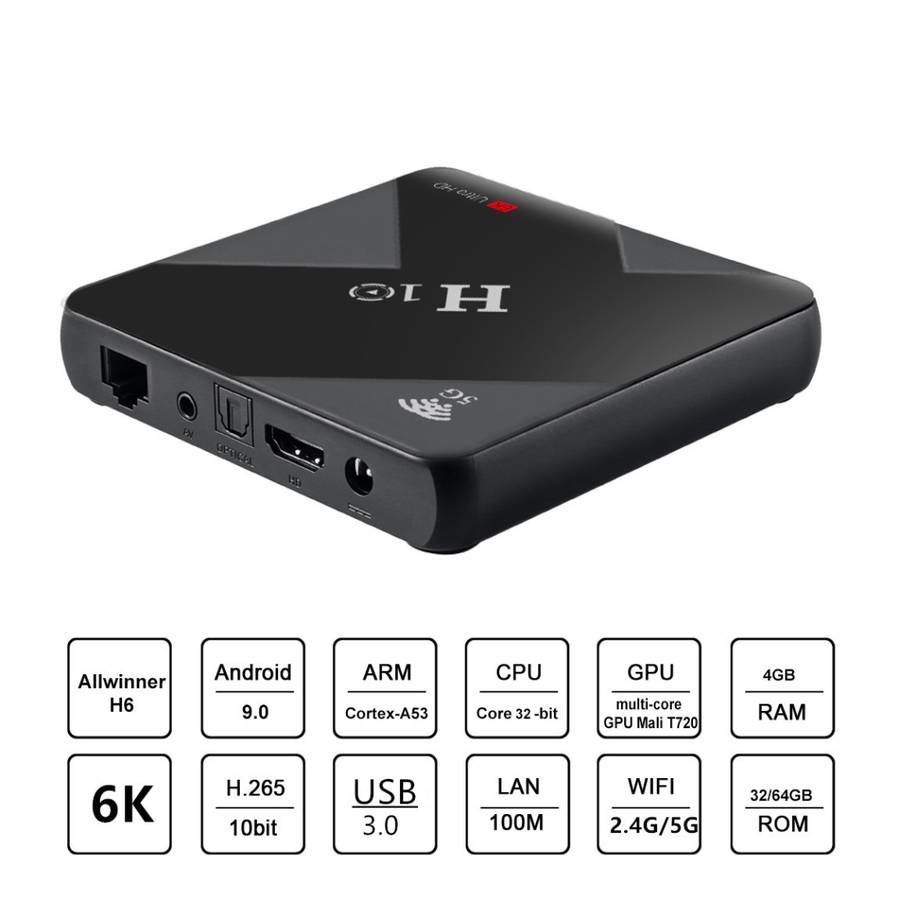 H10 6K HD Smart TV BOX,Android 9.0,Allwinner H6 Quad Core 64-bit ARM Cortex-A53,4GB+32 ... (Black)
