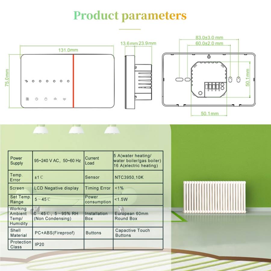 BHT-005-GB 220V AC 16A Smart Home Heating Thermostat for EU Box, Control Electric Heating with Only