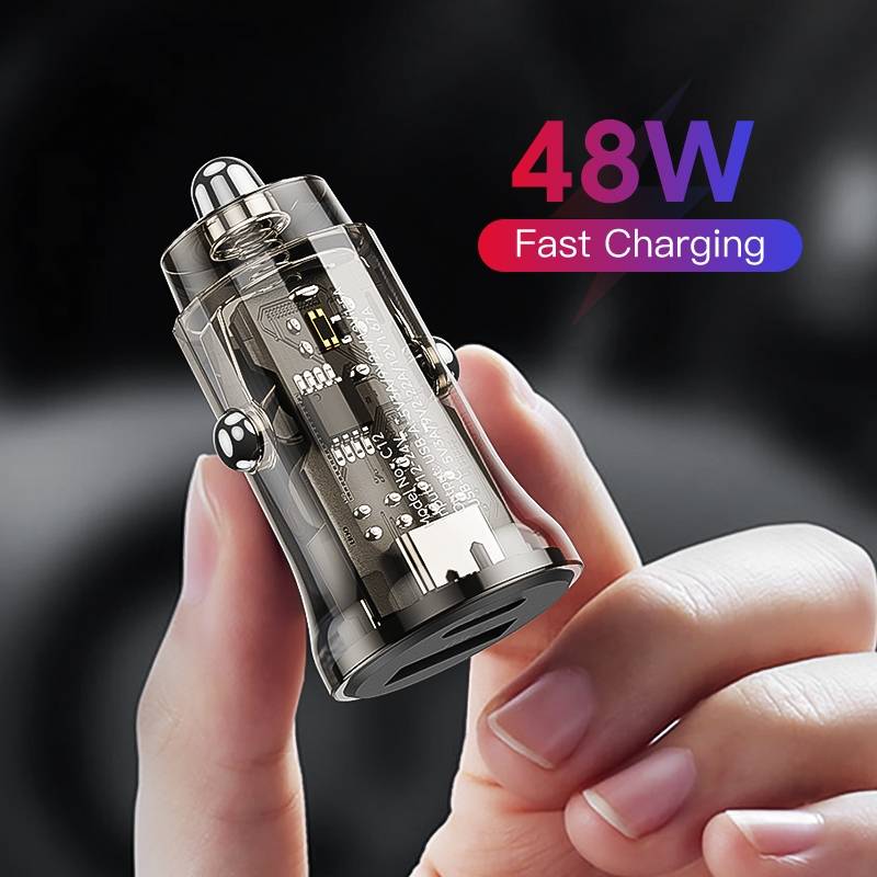 C12P 48W USB + Type-C Dual Port Transparent Mini Car Charger(Black)