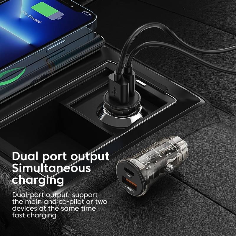 C12P 48W USB + Type-C Dual Port Transparent Mini Car Charger(Black)