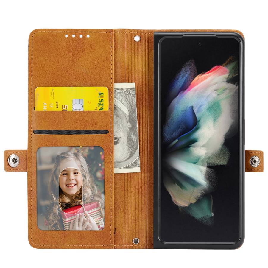 For Samsung Galaxy Z Fold4 Cubic Grid Calf Texture Leather Phone Case with Neck Lanyard(Yellow)