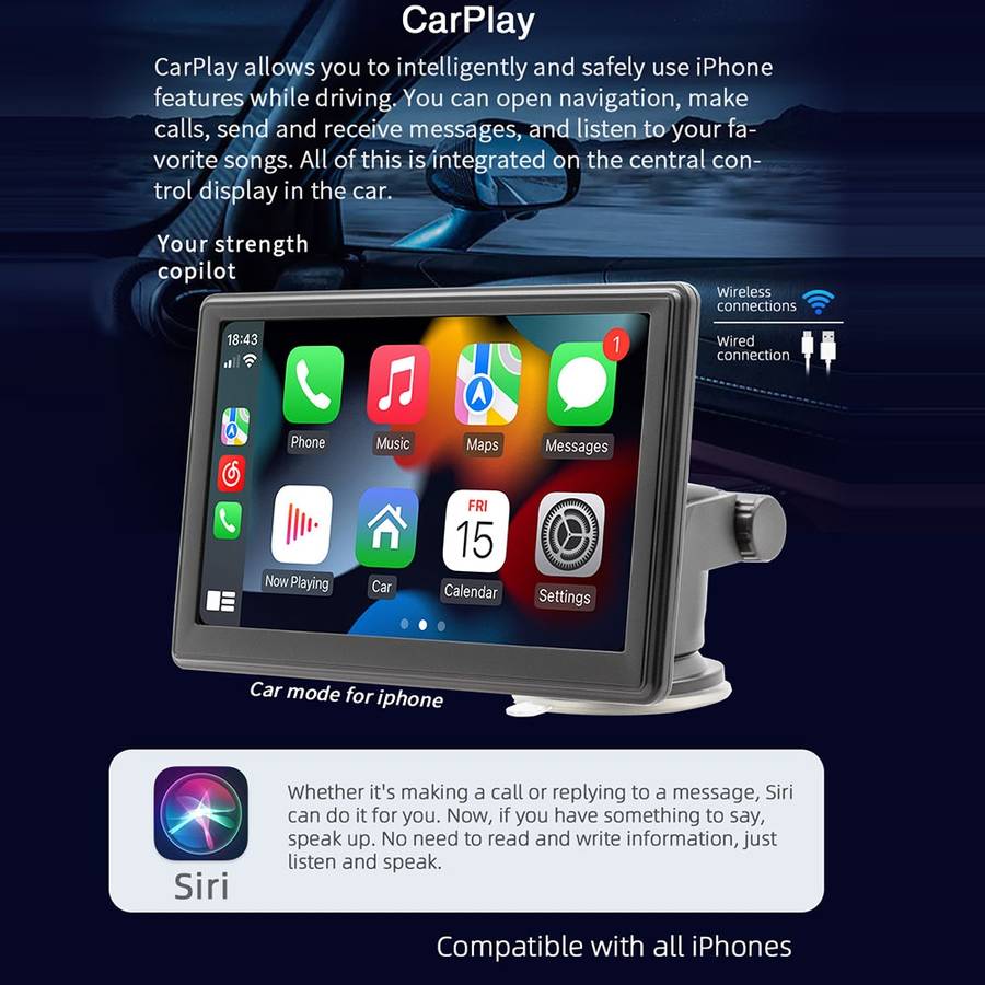 7 inch Wireless CarPlay Radio Multimedia Player 1080P IPS Touch Screen MP5 Radios Bluetooth Monitor