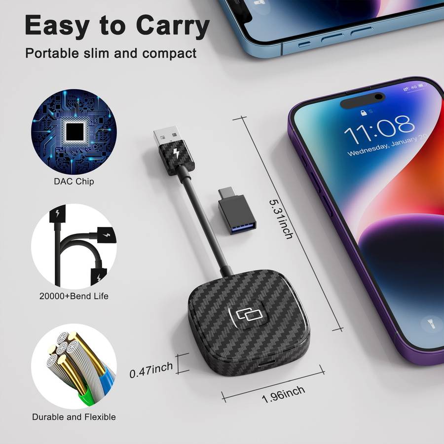 Carbon Fiber USB + USB-C / Type-C Carplay to Car Mirror Adapter for iPhone(Black)