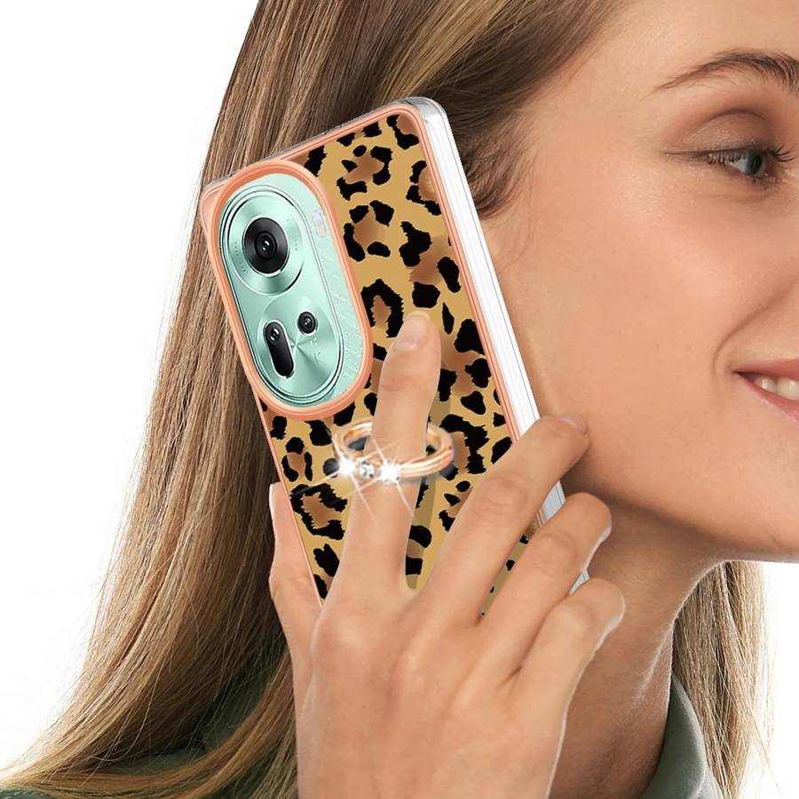 For OPPO Reno11 5G Global Electroplating Dual-side IMD Phone Case with Ring Holder(Leopard Prin
