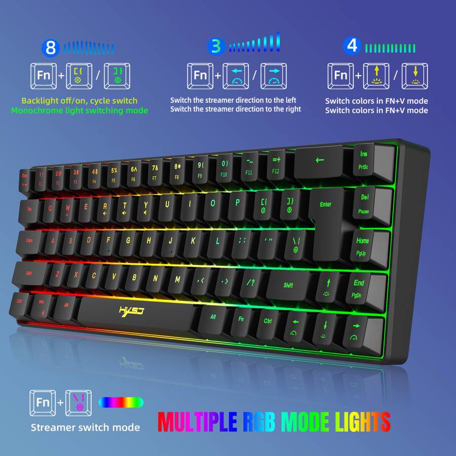 HXSJ V200 Wired RGB Backlit Mechanical Keyboard 68 Key Caps, Cable Length: 1.7m(Black)