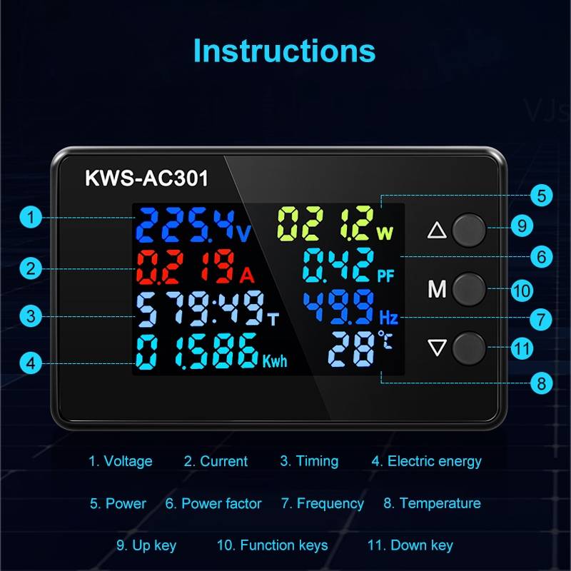 KWS-AC301-20A 50-300V AC Digital Current Voltmeter(Black)
