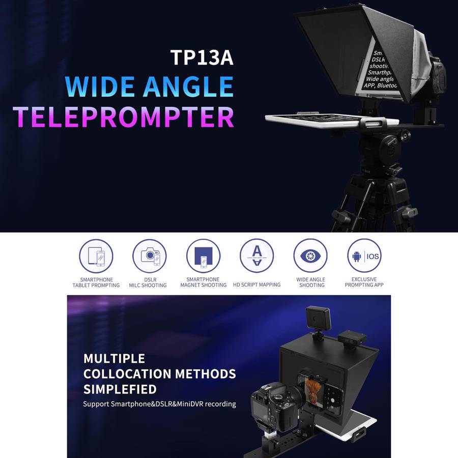 FEELWORLD TP13A Wide Angle Teleprompter for 11 inch Smartphones / Tablets Prompting Smartphone DSLR