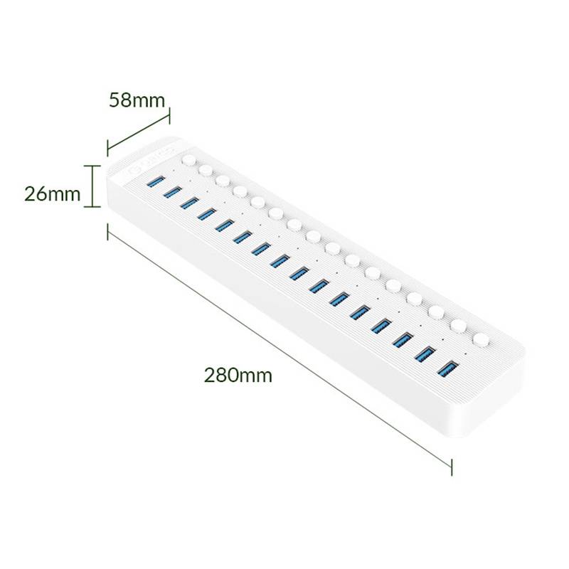 ORICO CT2U3-16AB Plastic Stripes 16 Ports USB 3.0 HUB with Individual Switches, Plug:EU Plug(White)