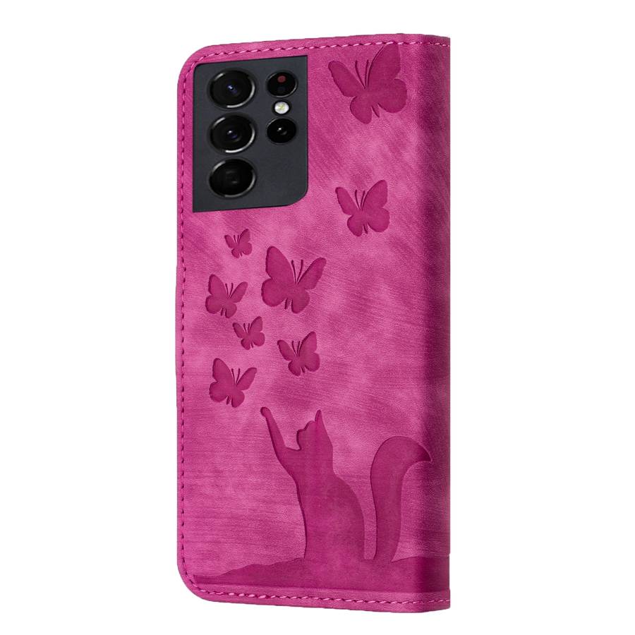 For Samsung Galaxy S21 Ultra 5G Butterfly Cat Embossing Flip Leather Phone Case(Pink)