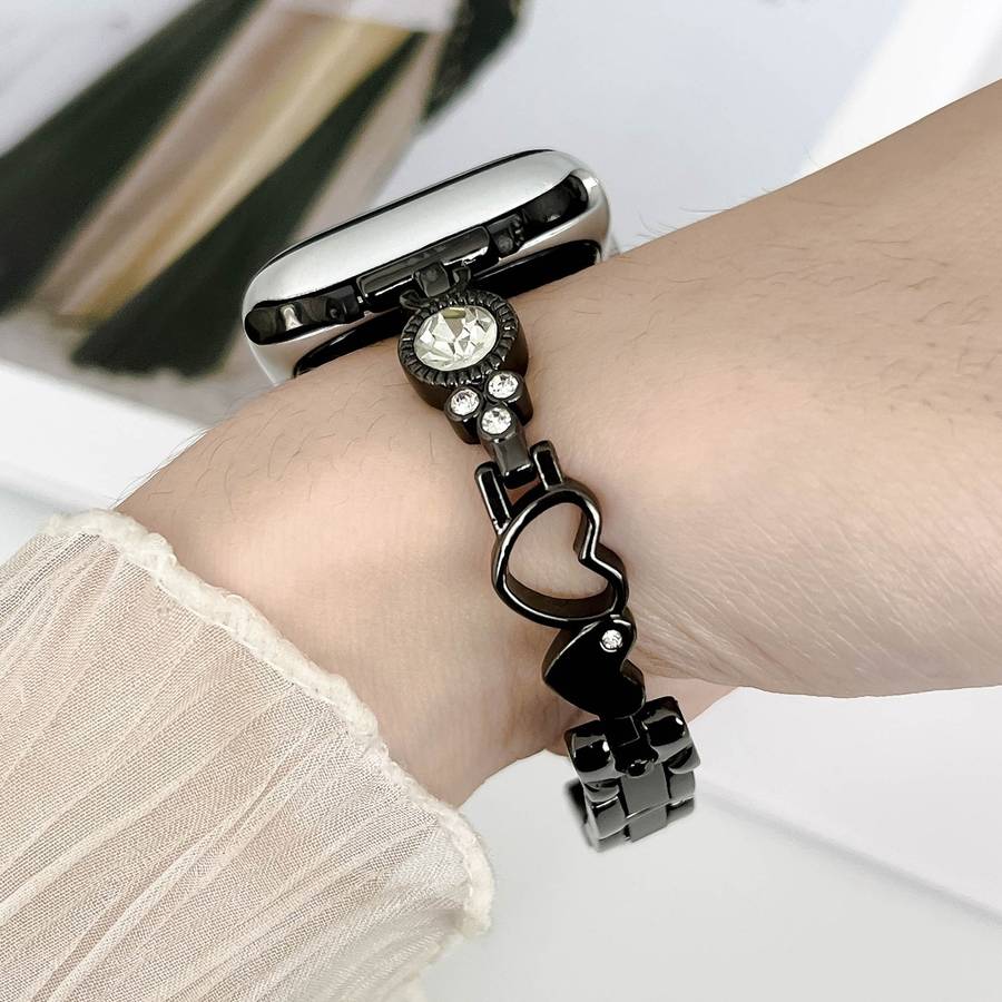 For Apple Watch Series 3 42mm Diamond Hearts Metal Chain Watch Band(Black)