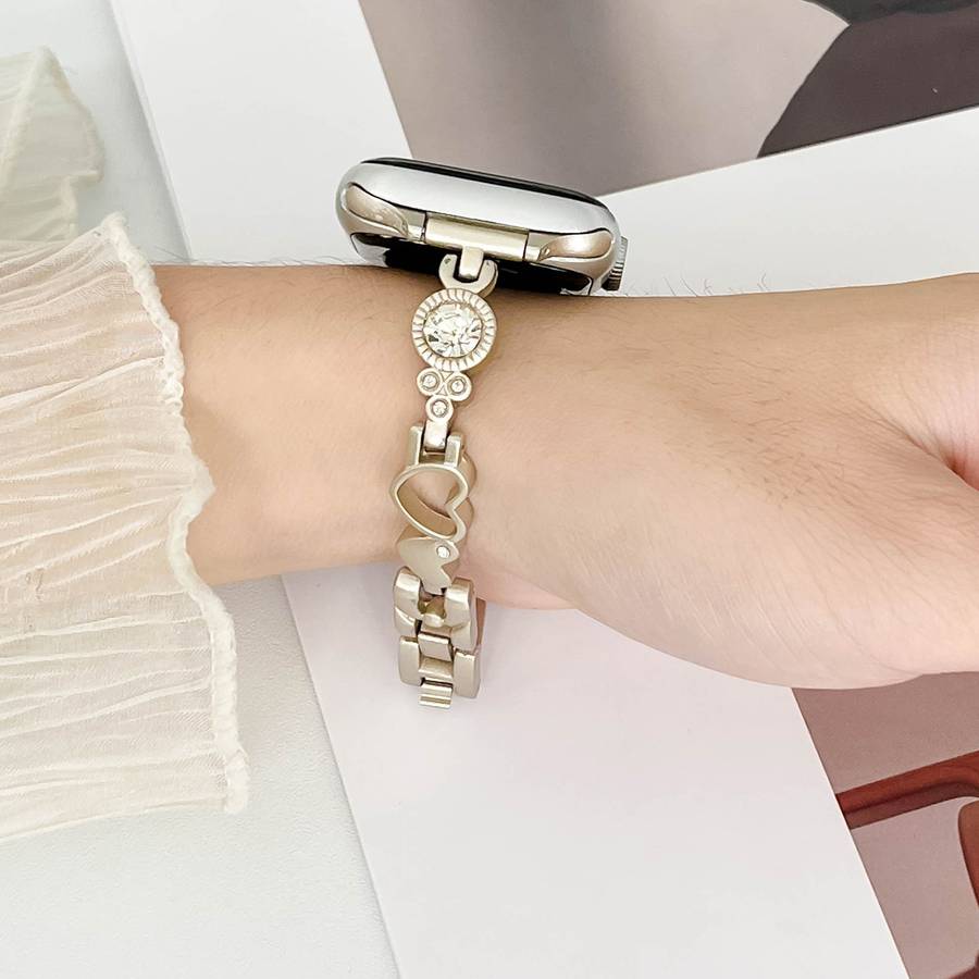 For Apple Watch Series 3 42mm Diamond Hearts Metal Chain Watch Band(Black)