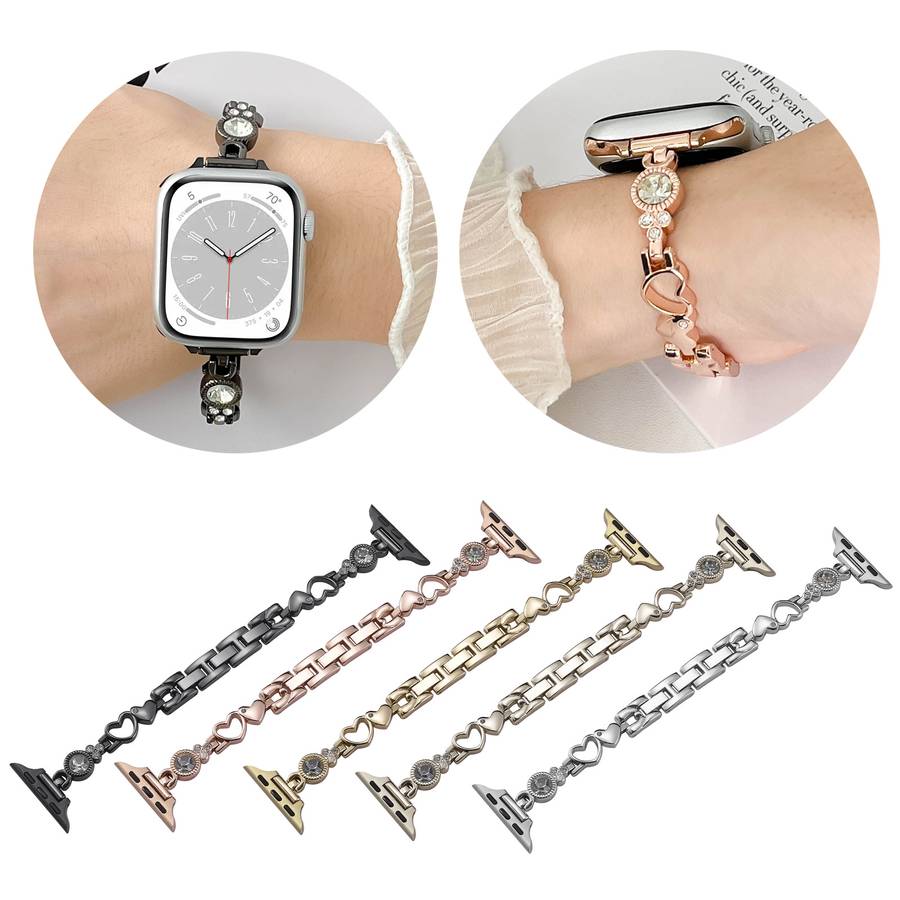 For Apple Watch Series 3 42mm Diamond Hearts Metal Chain Watch Band(Black)