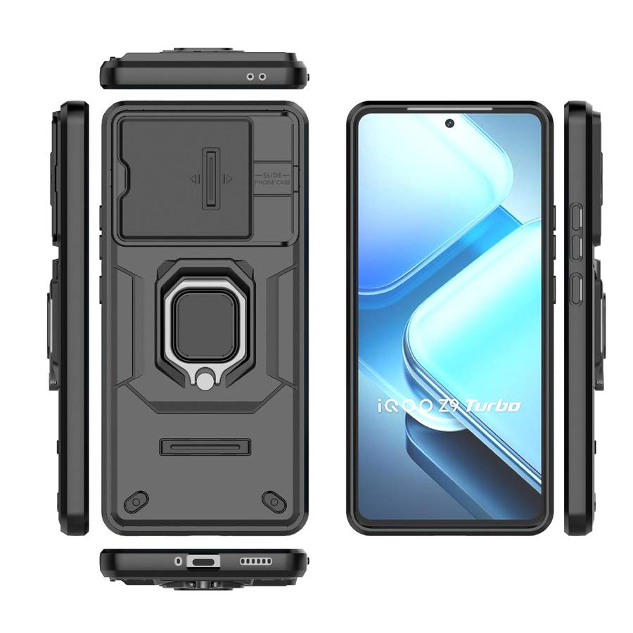 For vivo iQOO Z9 Turbo 5G Sliding Camshield TPU + PC Shockproof Phone Case with Holder(Black)