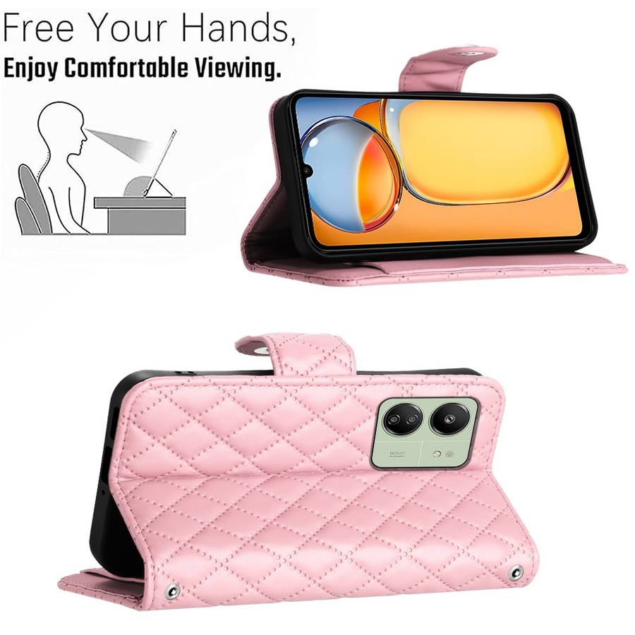 For Xiaomi Redmi 13C 4G Rhombic Texture Flip Leather Phone Case with Lanyard(Pink)