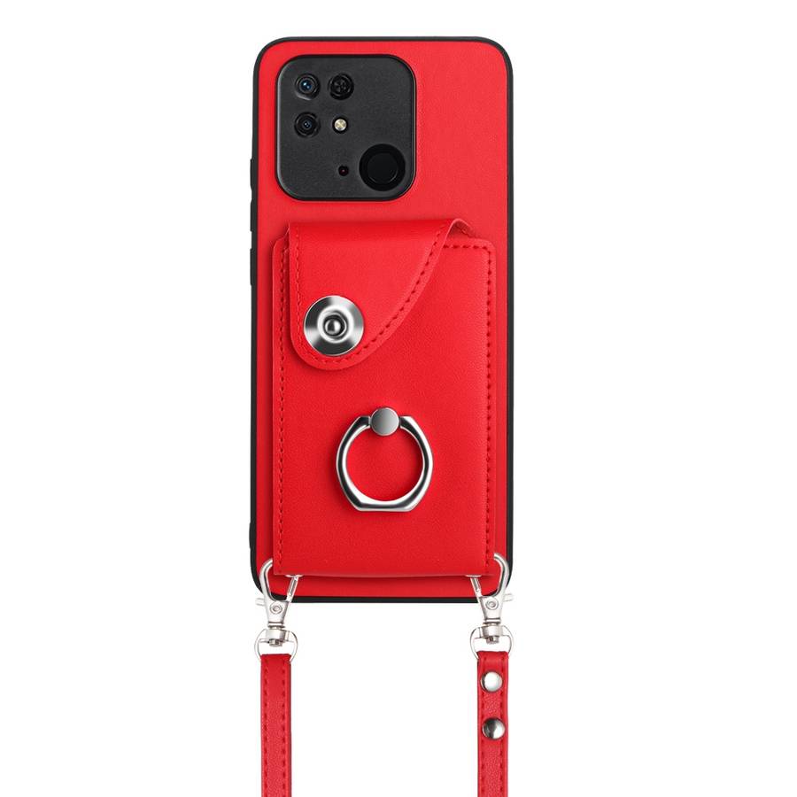 For Xiaomi Redmi 10C Organ Card Bag Ring Holder Phone Case with Long Lanyard(Red)