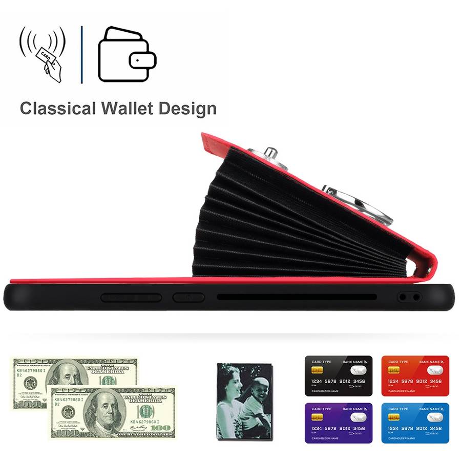 For Xiaomi Redmi 10C Organ Card Bag Ring Holder Phone Case with Long Lanyard(Red)