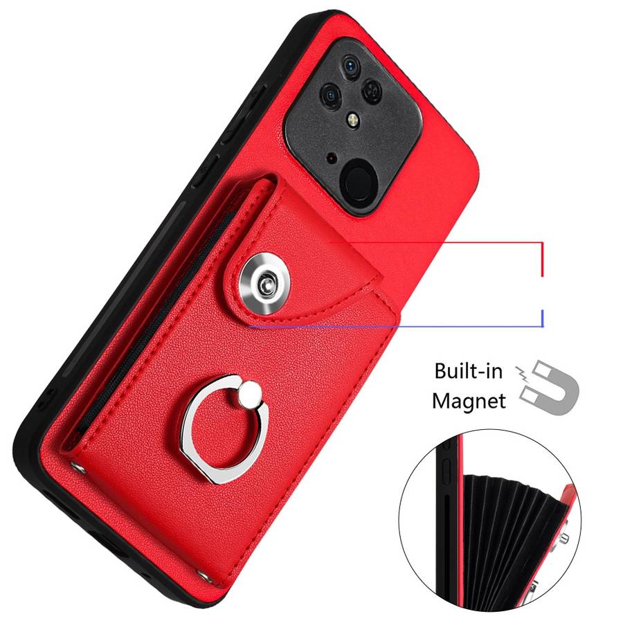 For Xiaomi Redmi 10C Organ Card Bag Ring Holder Phone Case with Long Lanyard(Red)
