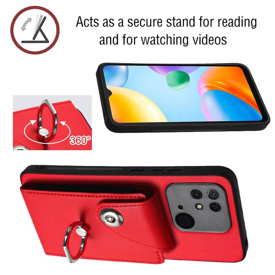 For Xiaomi Redmi 10C Organ Card Bag Ring Holder Phone Case with Long Lanyard(Red)