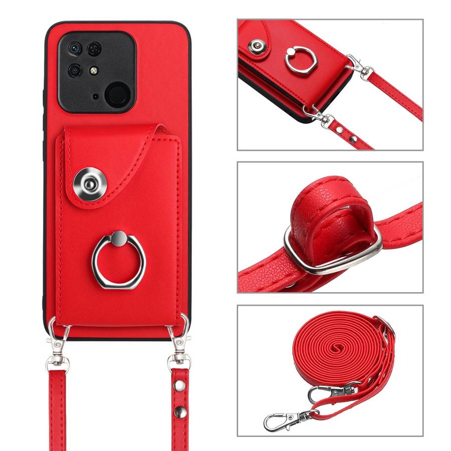 For Xiaomi Redmi 10C Organ Card Bag Ring Holder Phone Case with Long Lanyard(Red)