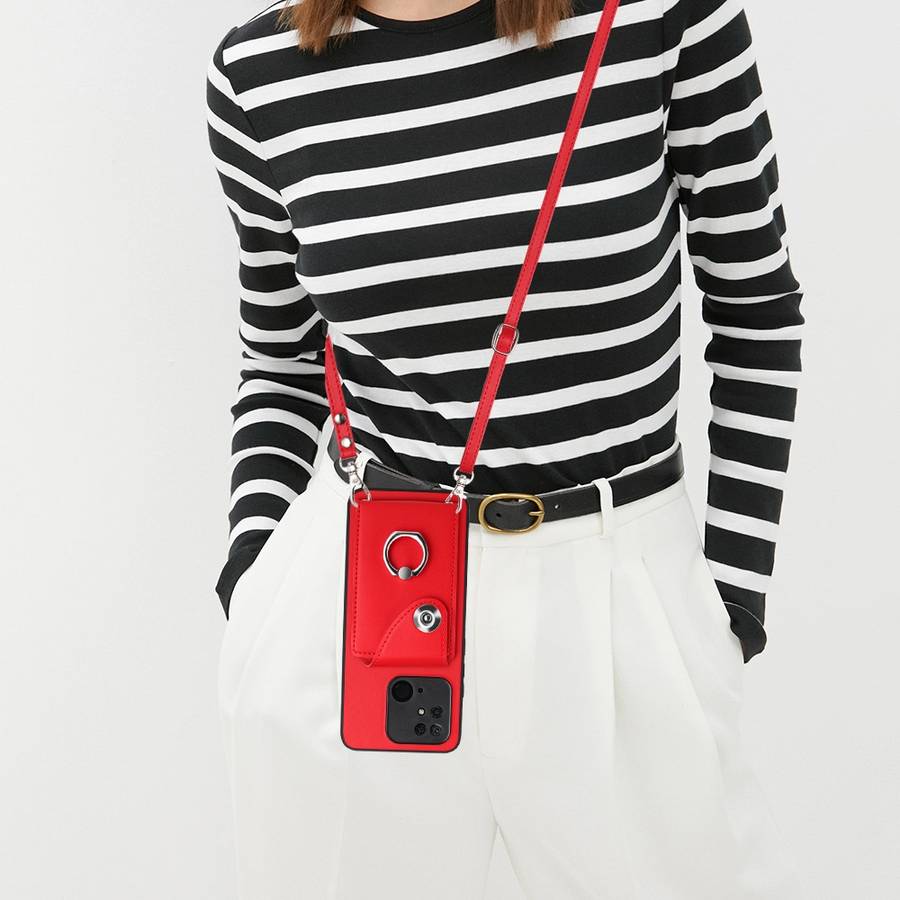 For Xiaomi Redmi 10C Organ Card Bag Ring Holder Phone Case with Long Lanyard(Red)