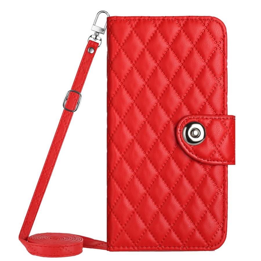 For Samsung Galaxy S22 Ultra 5G Rhombic Texture Flip Leather Phone Case with Long Lanyard(Red)