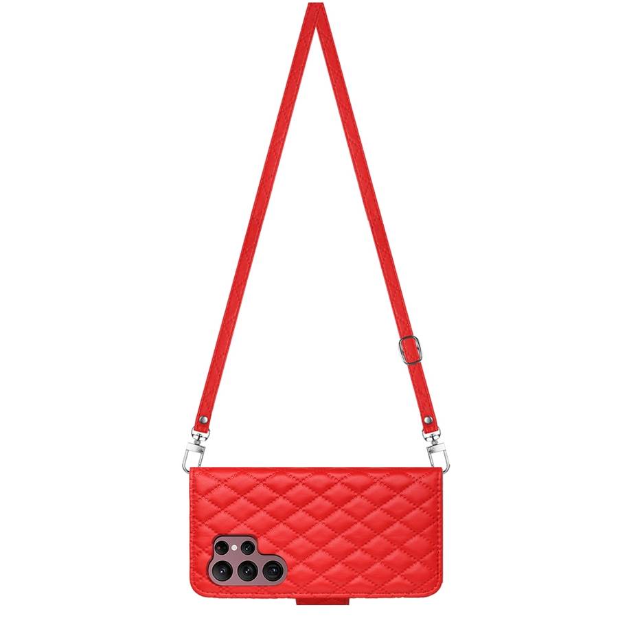 For Samsung Galaxy S22 Ultra 5G Rhombic Texture Flip Leather Phone Case with Long Lanyard(Red)