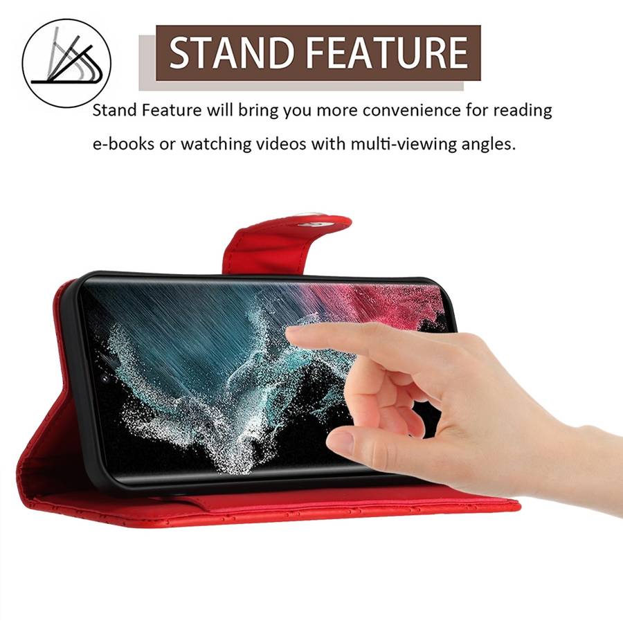 For Samsung Galaxy S22 Ultra 5G Rhombic Texture Flip Leather Phone Case with Long Lanyard(Red)