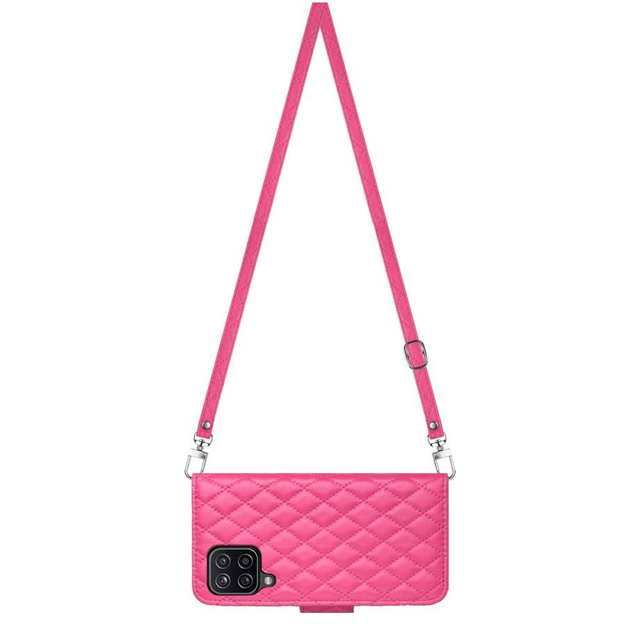 For Samsung Galaxy A12 / M12 Rhombic Texture Flip Leather Phone Case with Long Lanyard(Rose Red