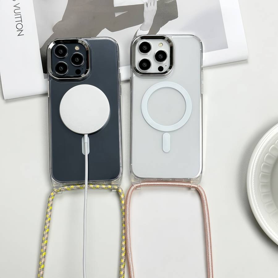 For iPhone 15 Pro Max MagSafe Magnetic PC + TPU Phone Case with Lanyard(Yellow Pink Grey)