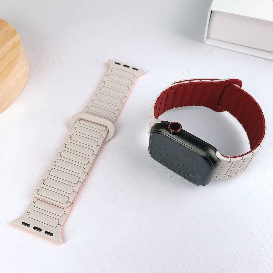 For Apple Watch Series 6 40mm I-Shaped Magnetic Silicone Watch Band(White Orange)