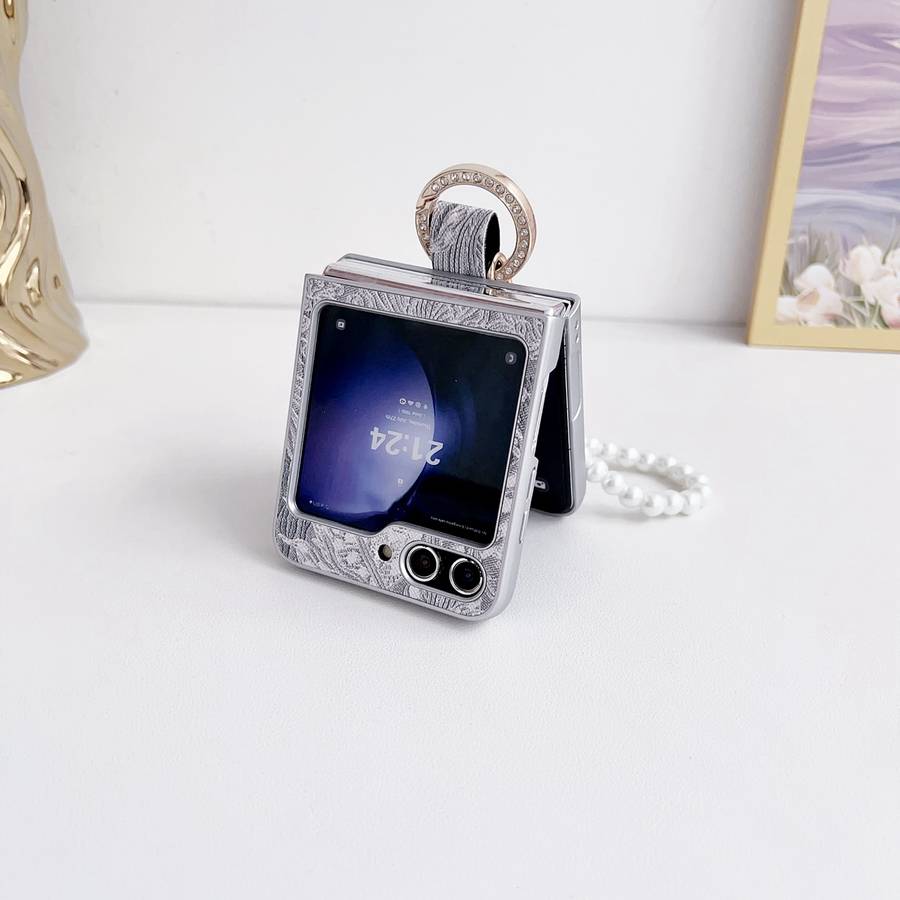 For Samsung Galaxy Z Flip5 Embroidery Style Full Coverage Phone Case with Ring Bead Chain(Grey)