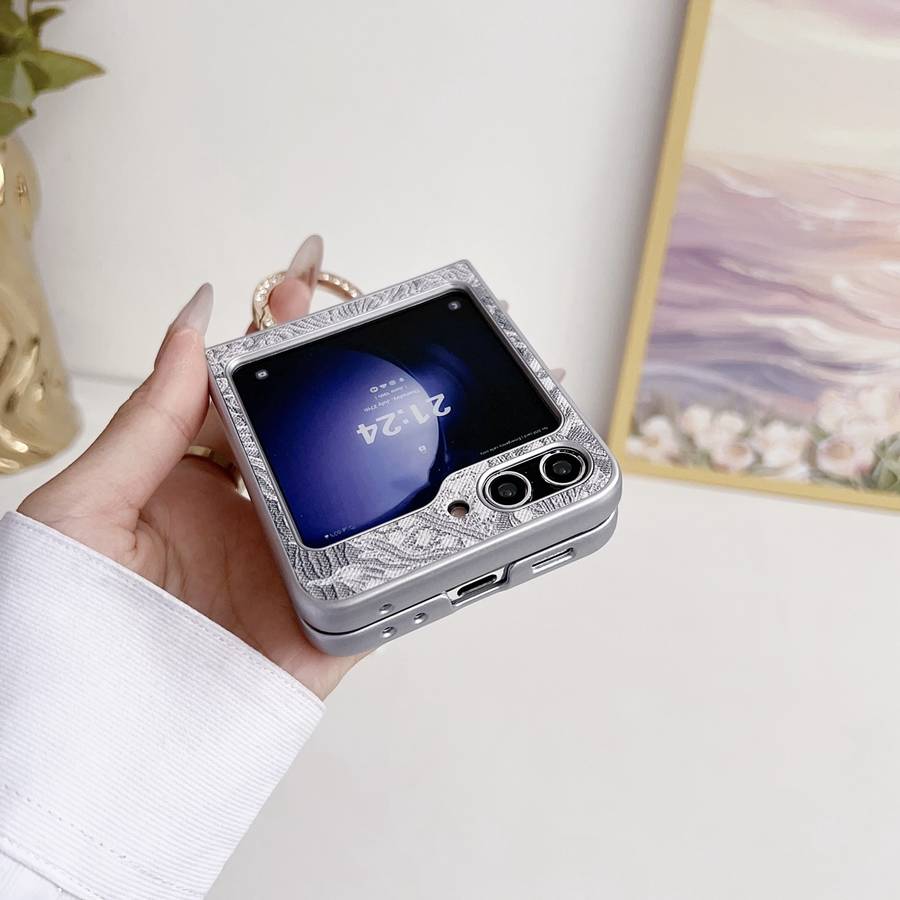 For Samsung Galaxy Z Flip5 Embroidery Style Full Coverage Phone Case with Ring Bead Chain(Grey)