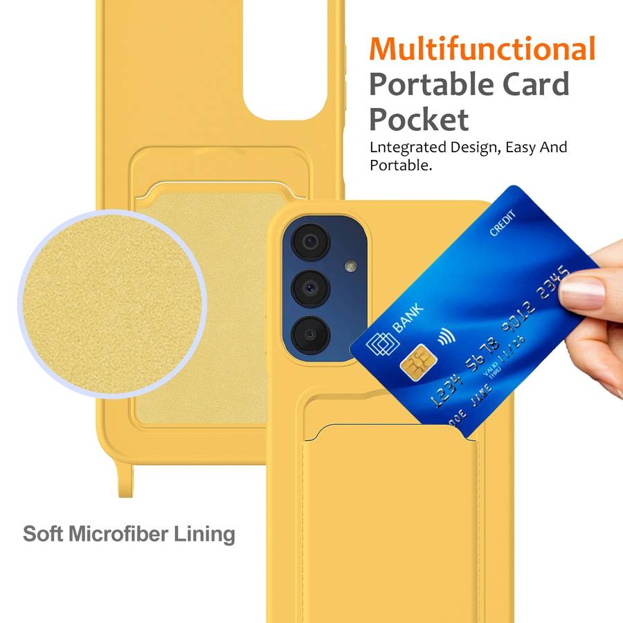 For Samsung Galaxy A25 5G Integrated Card Bag Solid Color Liquid Silicone Phone Case with Lanya