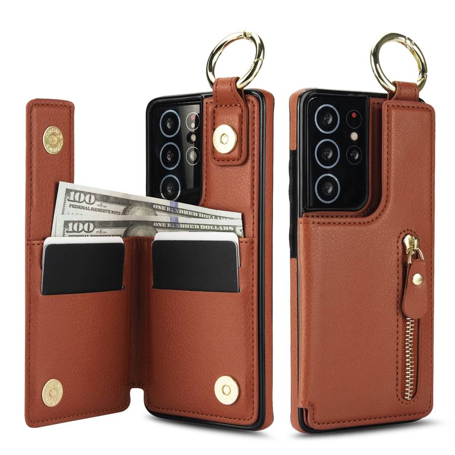 For Samsung Galaxy S21 Ultra 5G Litchi Texture Zipper Double Buckle Card Bag Phone Case(Brown)
