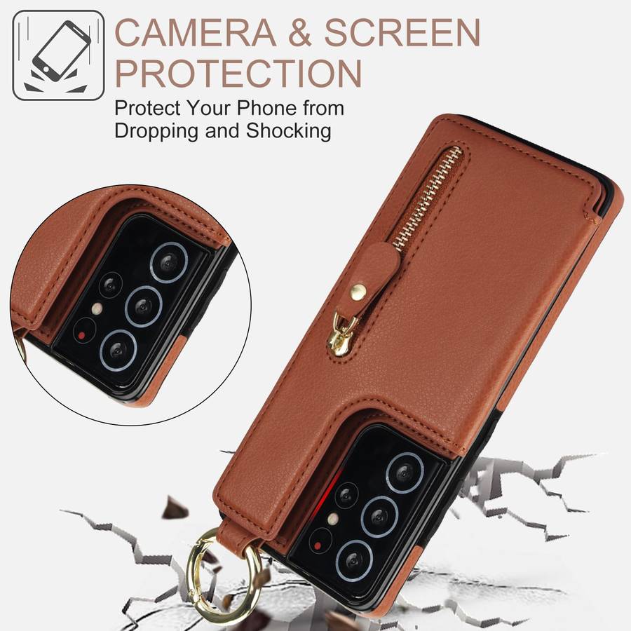 For Samsung Galaxy S21 Ultra 5G Litchi Texture Zipper Double Buckle Card Bag Phone Case(Brown)