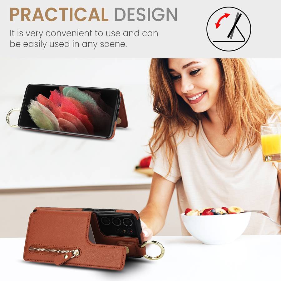 For Samsung Galaxy S21 Ultra 5G Litchi Texture Zipper Double Buckle Card Bag Phone Case(Brown)