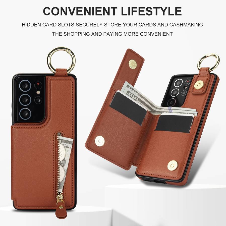For Samsung Galaxy S21 Ultra 5G Litchi Texture Zipper Double Buckle Card Bag Phone Case(Brown)