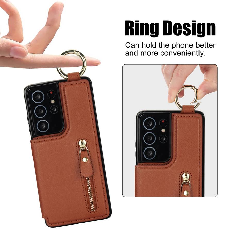 For Samsung Galaxy S21 Ultra 5G Litchi Texture Zipper Double Buckle Card Bag Phone Case(Brown)