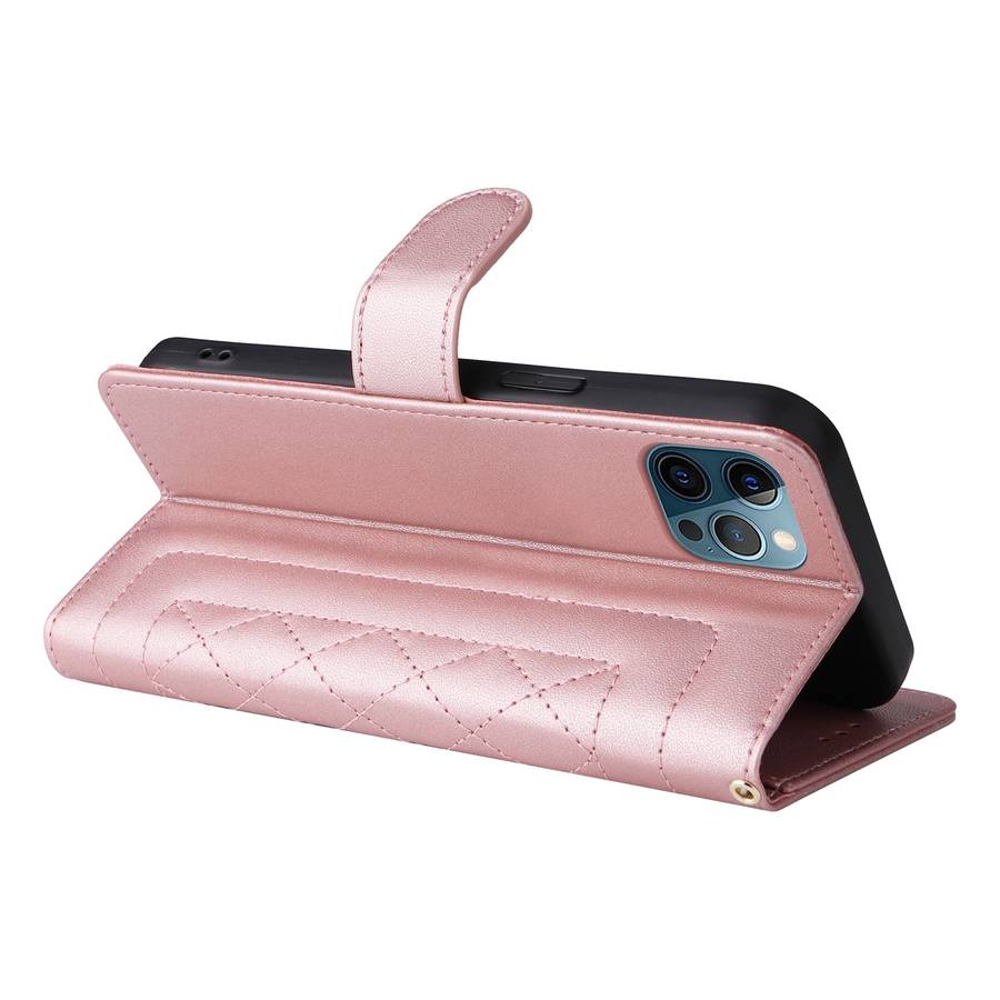 For iPhone 12 Pro Max Diamond Lattice Leather Flip Phone Case(Rose Gold)