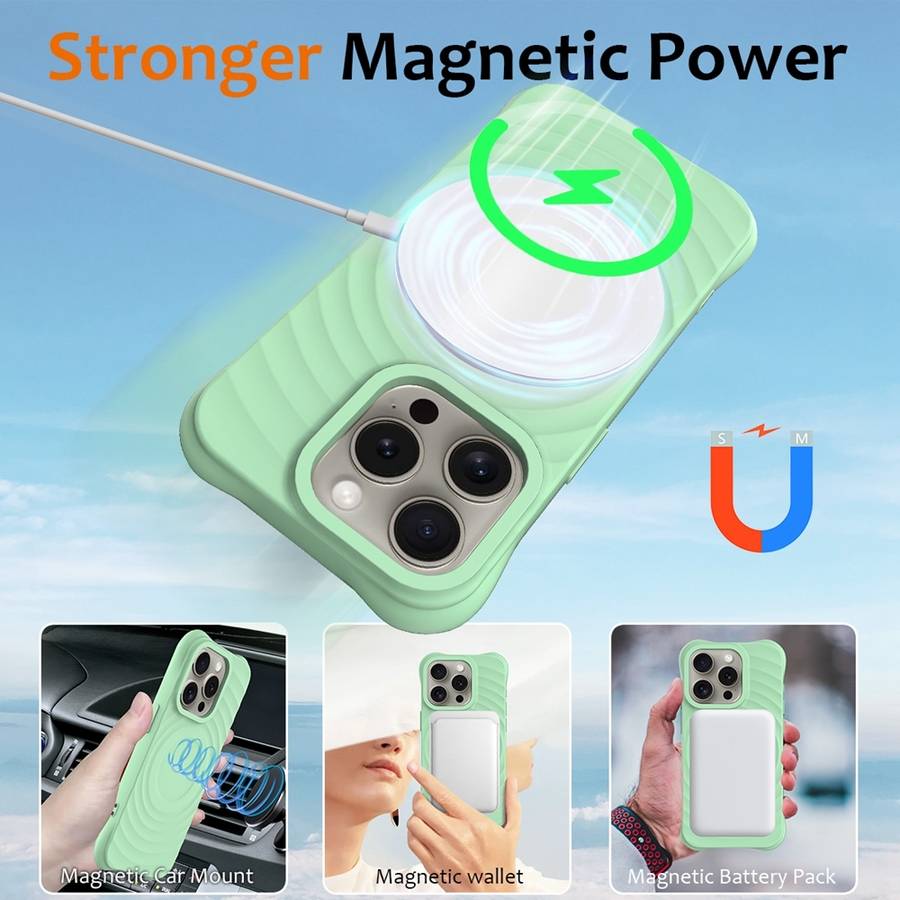 For iPhone 15 Pro Max Wave Texture MagSafe Magnetic Liquid Silicone Phone Case(Green)