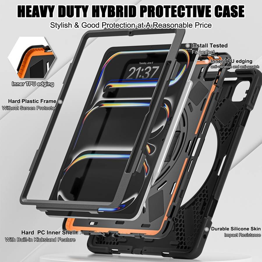 For iPad Pro 13 2024 Rotatable Holder Silicone Hybrid PC Tablet Case with Shoulder Strap(Black)