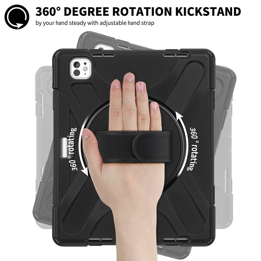 For iPad Pro 13 2024 Rotatable Holder Silicone Hybrid PC Tablet Case with Shoulder Strap(Black)