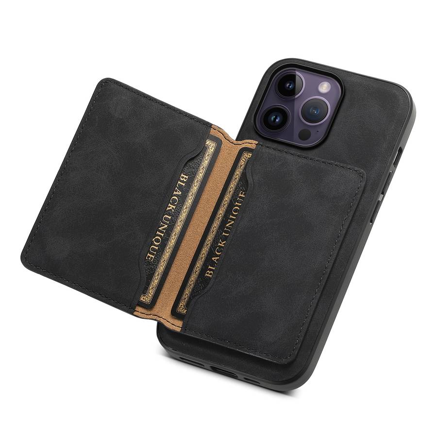 For iPhone 14 Pro Max Denior D13 Retro Texture Leather MagSafe Card Bag Phone Case(Black)