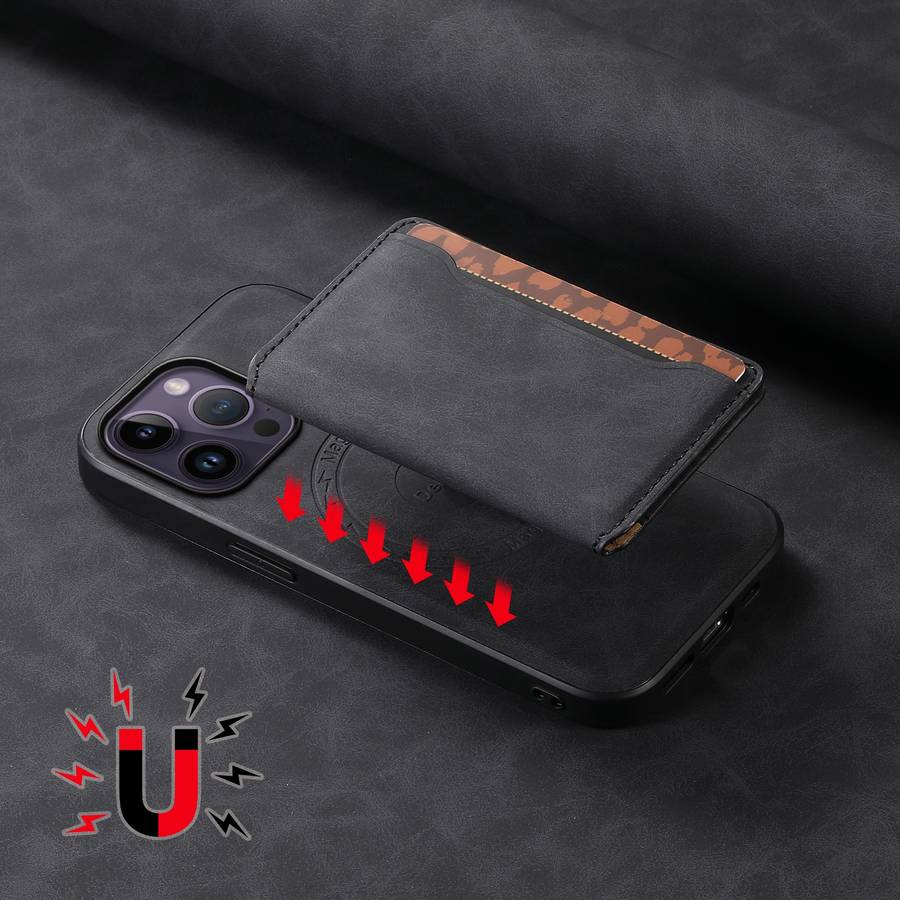 For iPhone 14 Pro Max Denior D13 Retro Texture Leather MagSafe Card Bag Phone Case(Black)